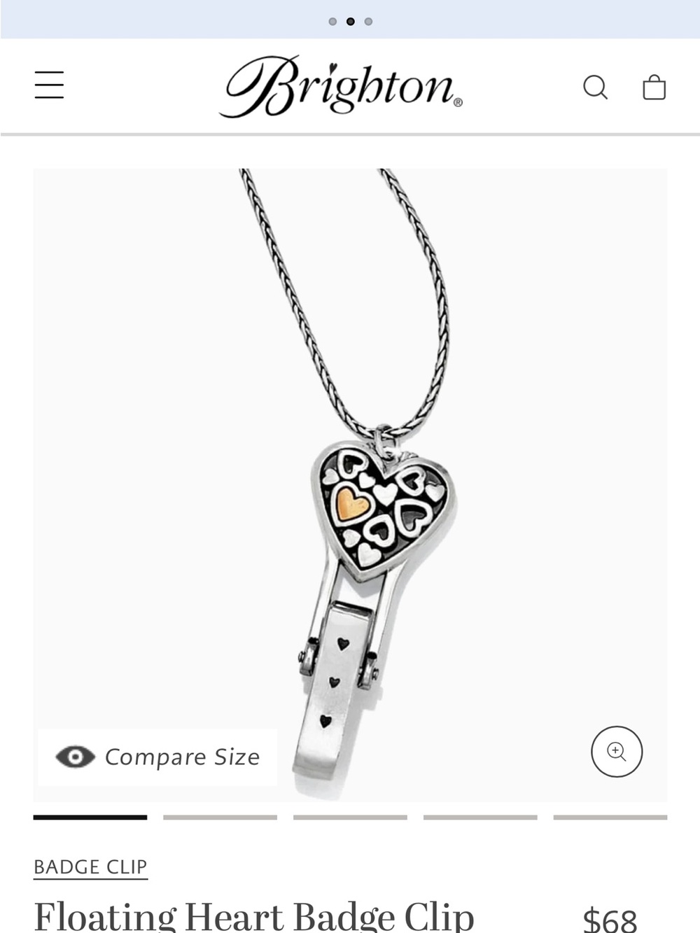 Brighton Silver and Gold Heart Floating Badge Clip Necklace